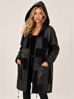 Vintage Winlit Leather Patchwork Coat Hooded Artisanal Eclectic Y2K Indie Sleaze